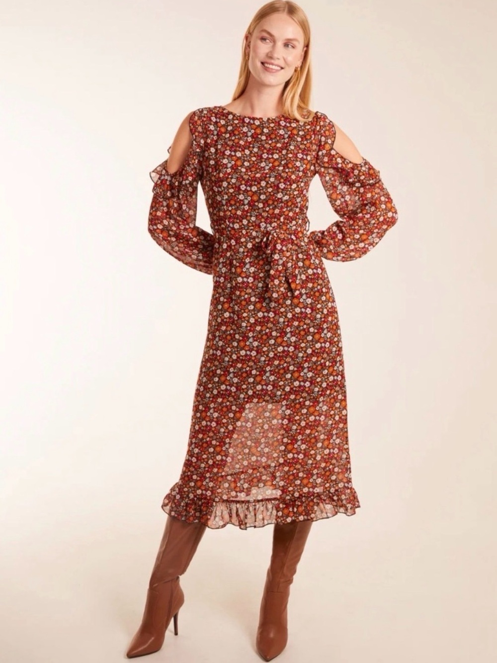 Floral Ruffle Midi Dress in Rust Multi